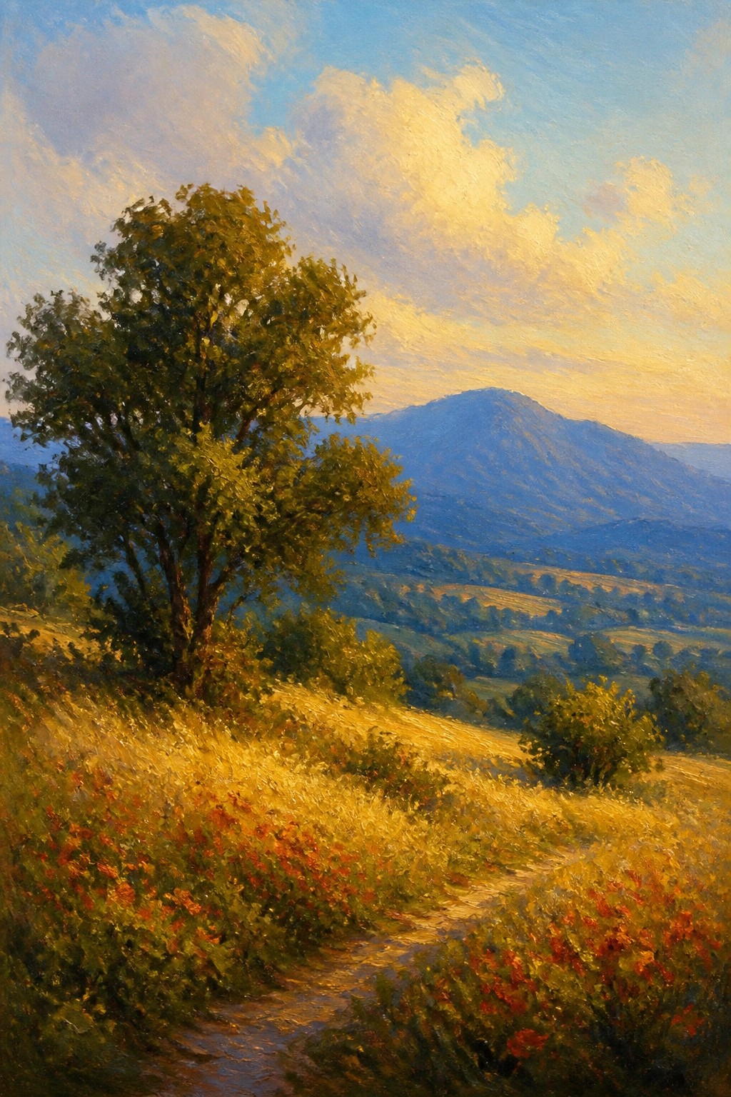 Golden landscape painting with tree, red flowers, winding path, and distant mountains.