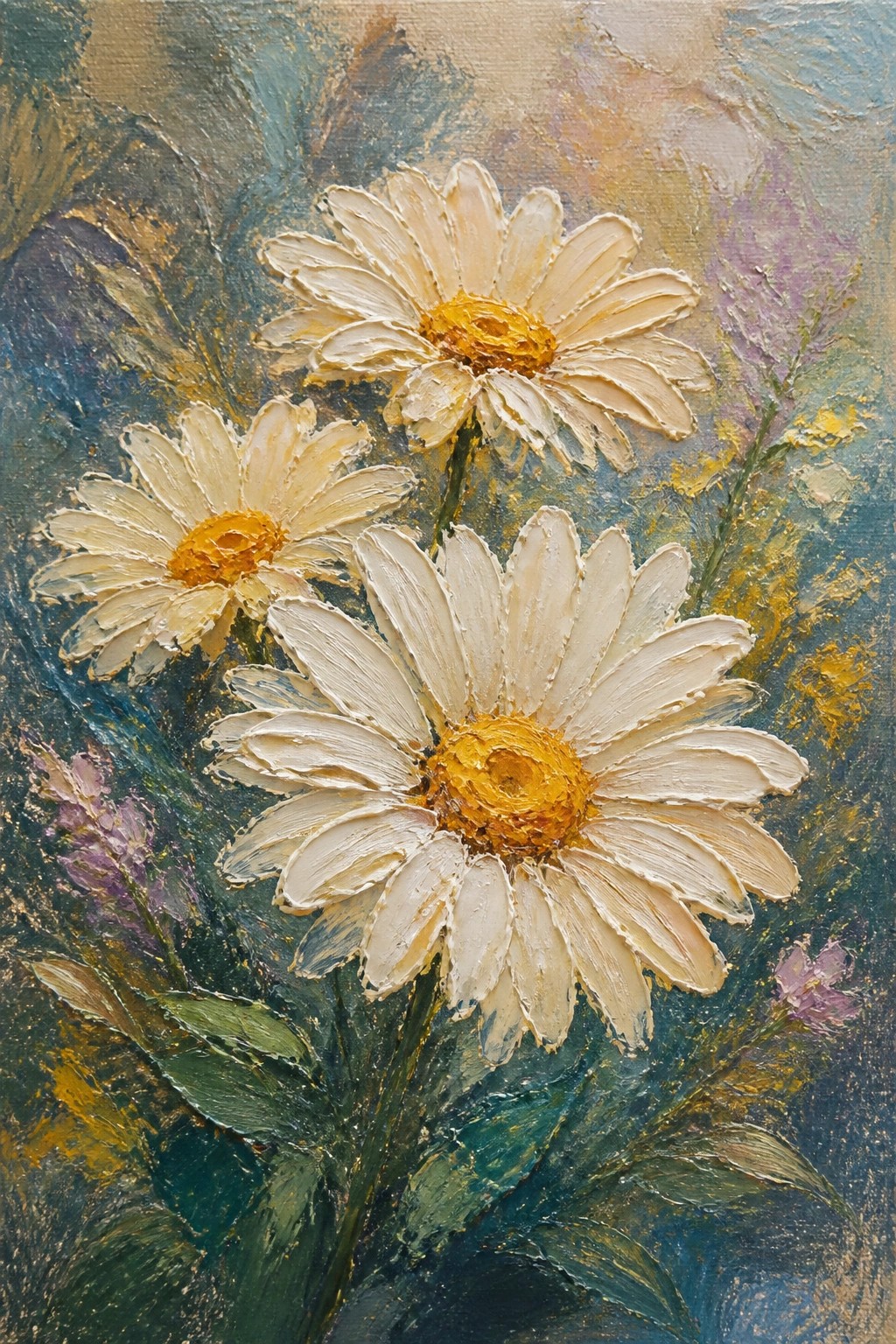 Thickly textured painting of three white daisies with yellow centers