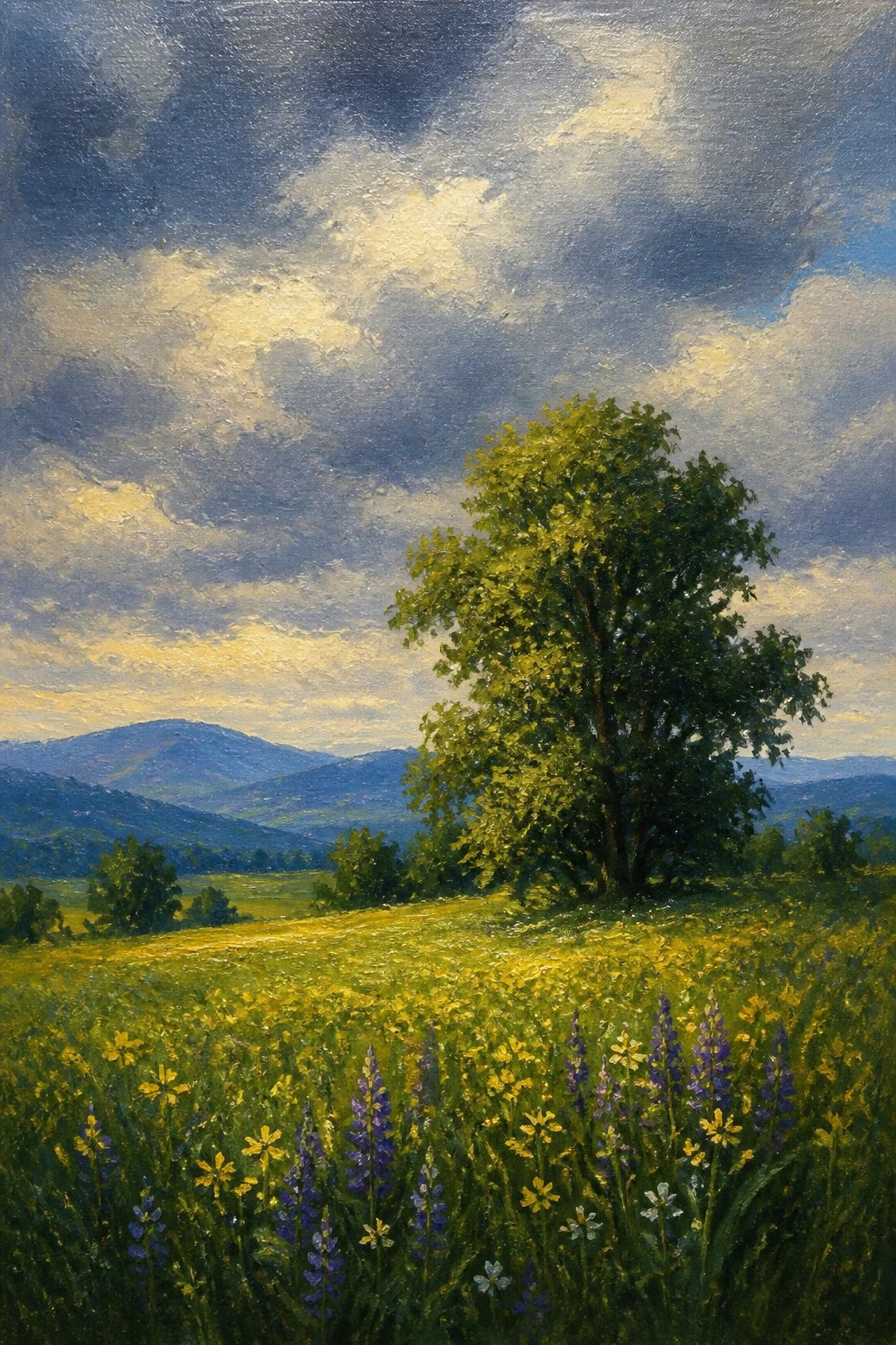 Vibrant landscape painting of wildflower meadow, lone tree, and distant mountains under stormy sky.