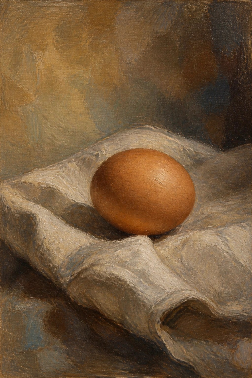 Brown egg on crumpled white cloth against dark earthy background.