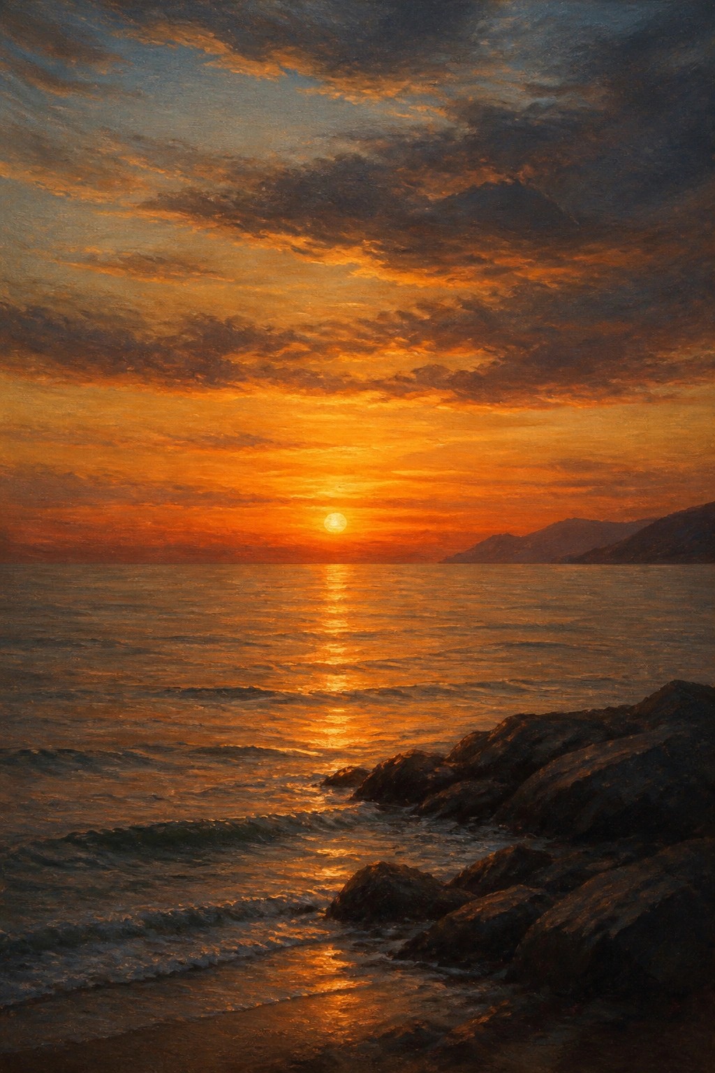 Vibrant orange sunset over ocean with glowing sun reflection on waves and dark rocks