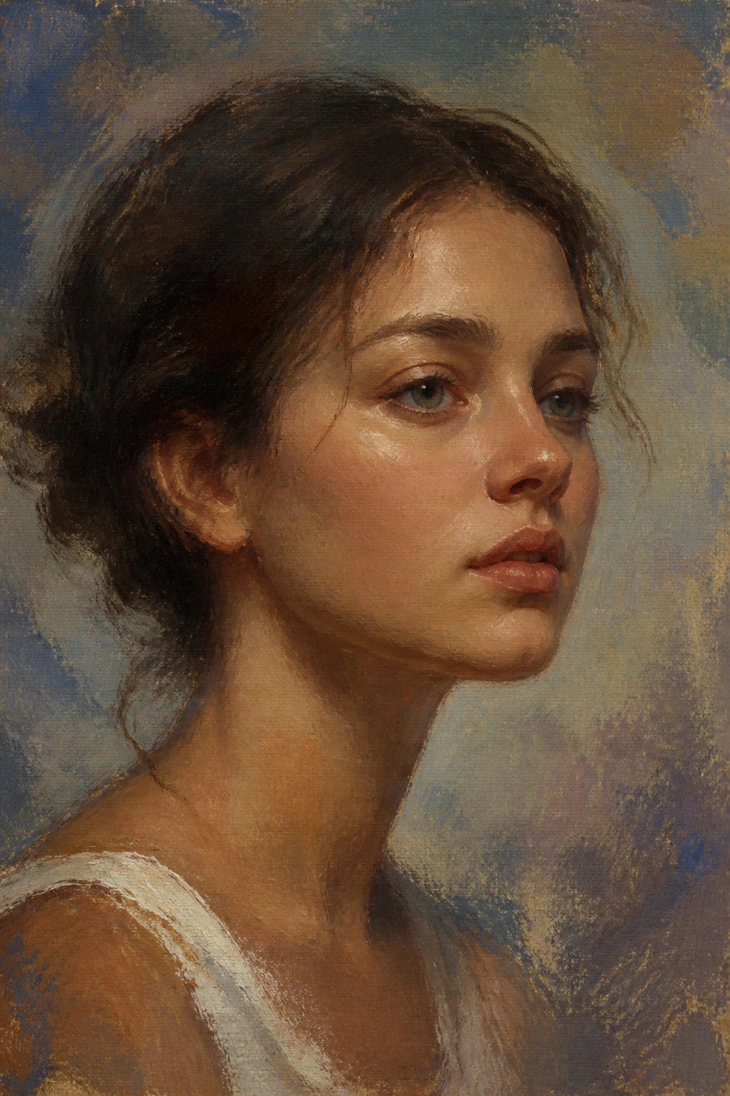Oil painting of a young woman with dark hair in a white top, gazing right