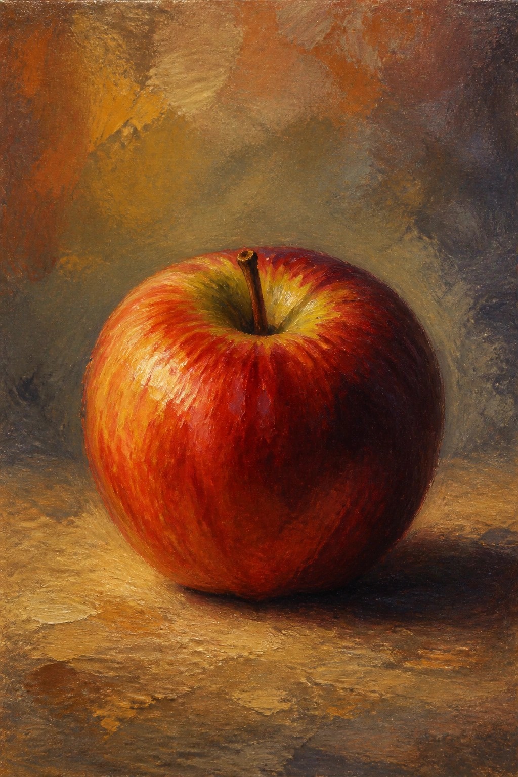 A realistic oil painting of a single red apple with yellow and green highlights resting on a textured brown surface against a dark, blended background.