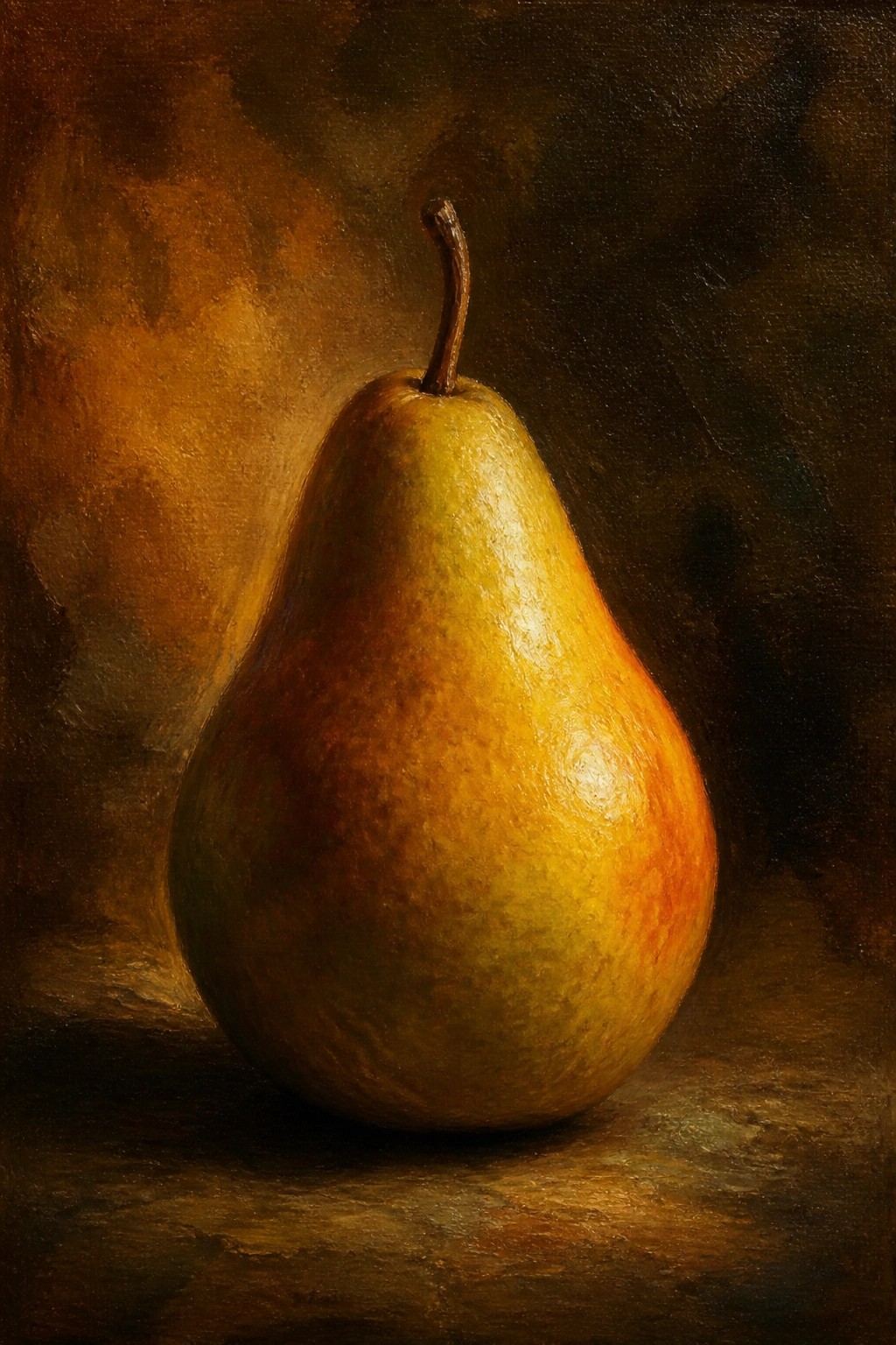 Still life oil painting of a pear with golden highlights against a dark brown background