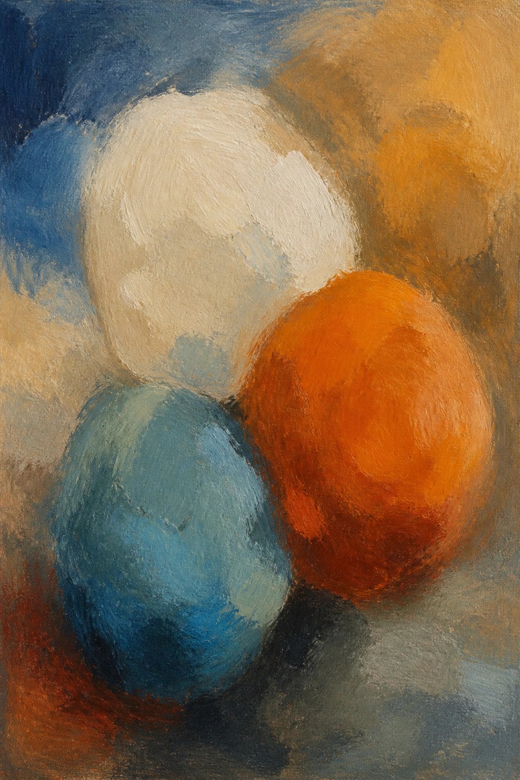 Three oil-painted spheres in white, blue, and orange overlapping on a textured background.