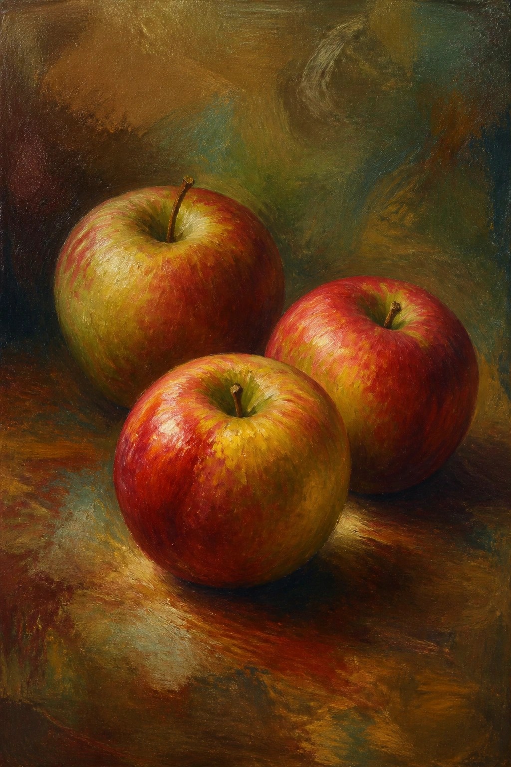 An oil painting of three red and green apples on a dark surface with a blended earthy background.