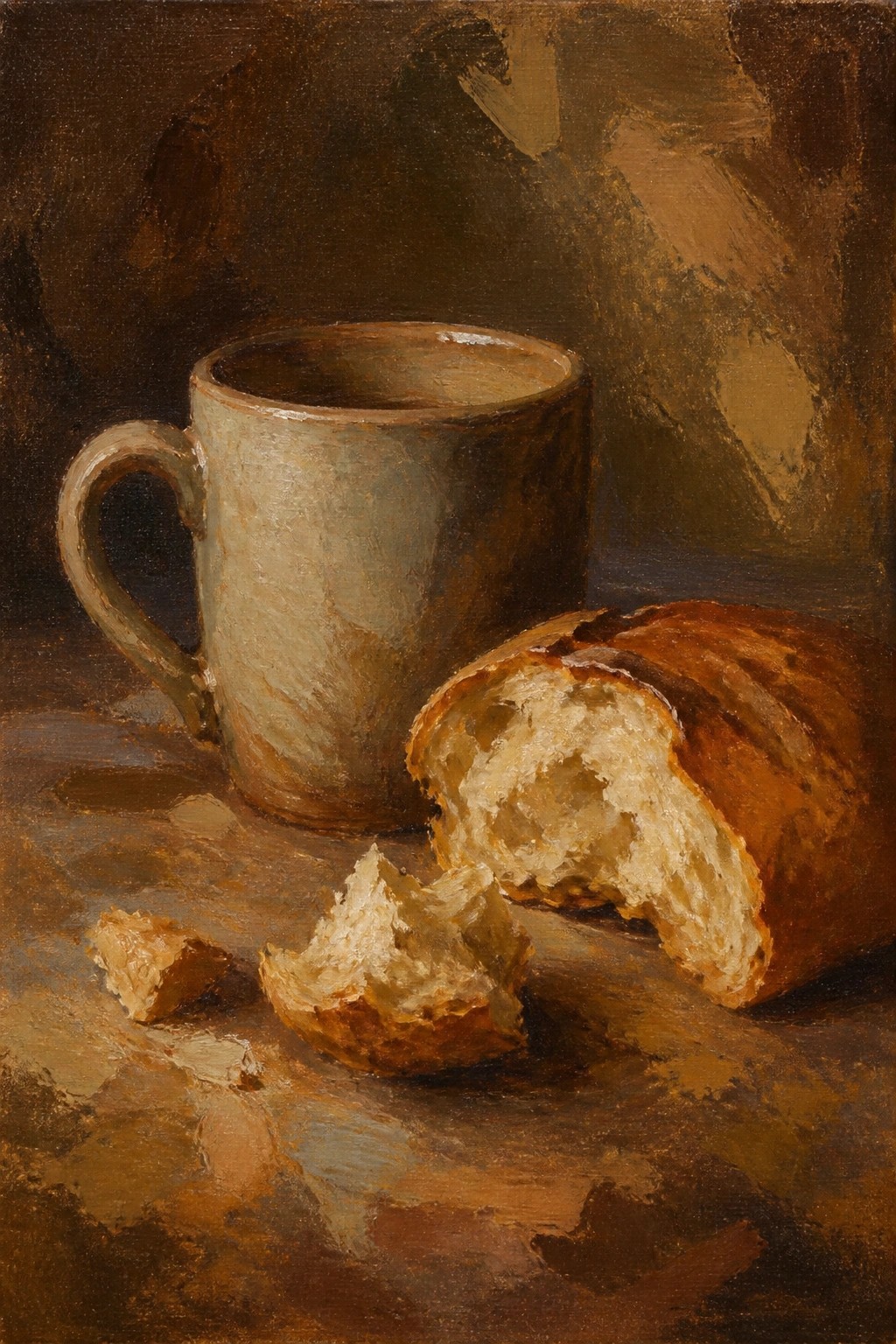 An oil painting of a gray mug and a broken loaf of bread with crumbs resting on a brown surface against a dark background.