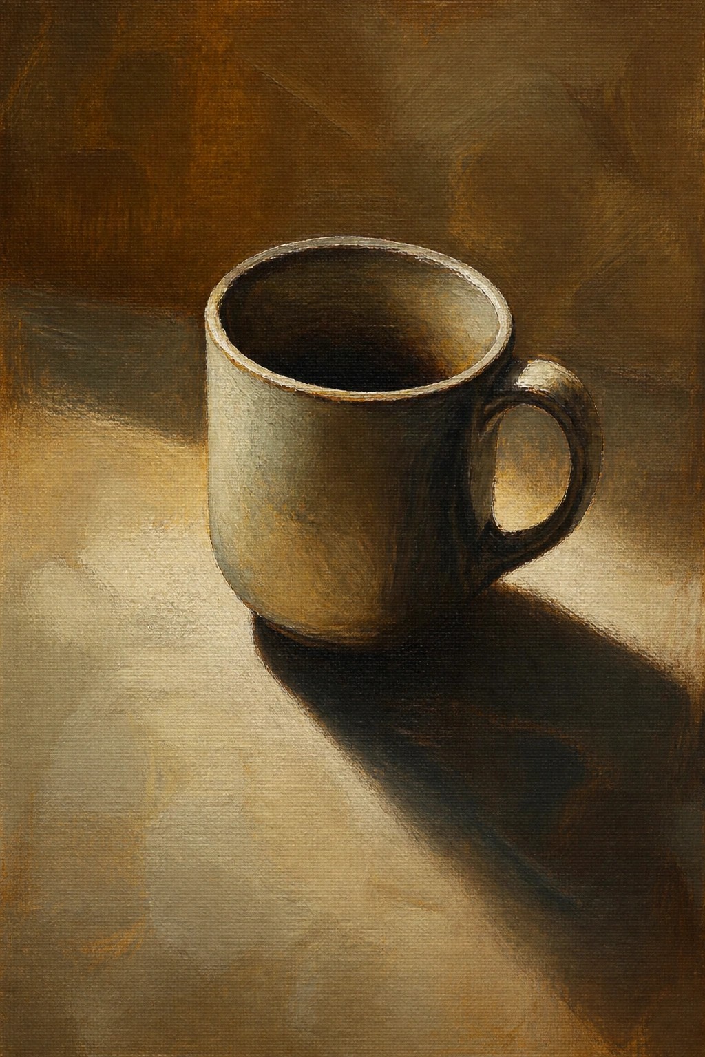 Brown ceramic mug casting long shadow on sunlit surface in warm tones