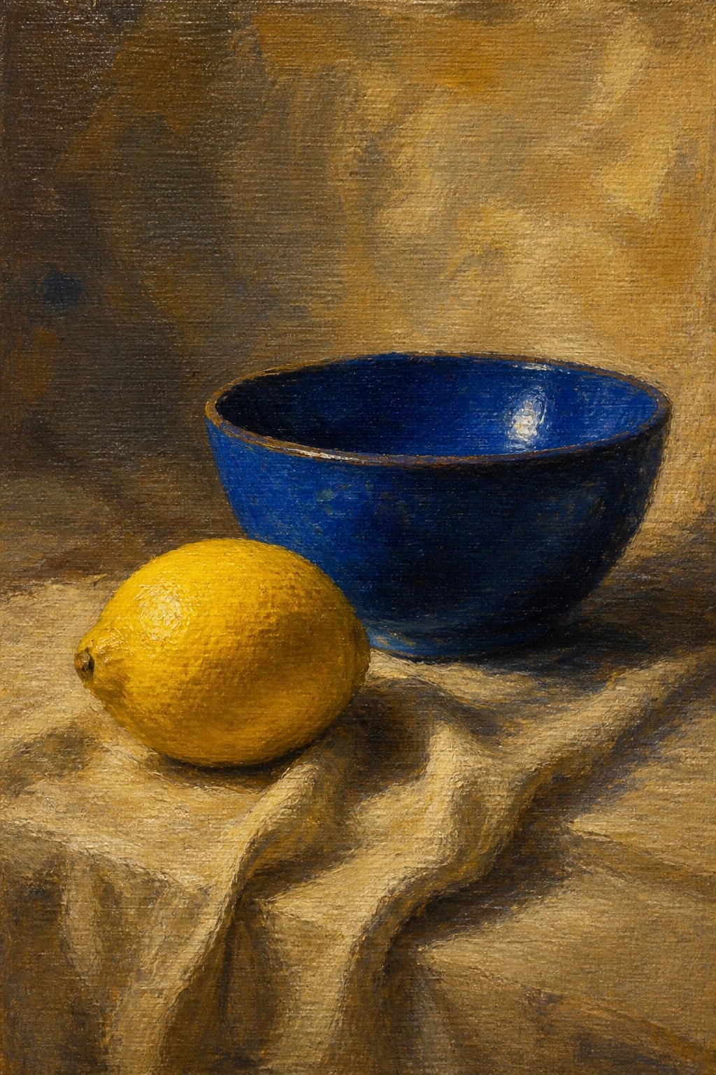 Yellow lemon beside deep blue bowl on wrinkled brown cloth, painted still life