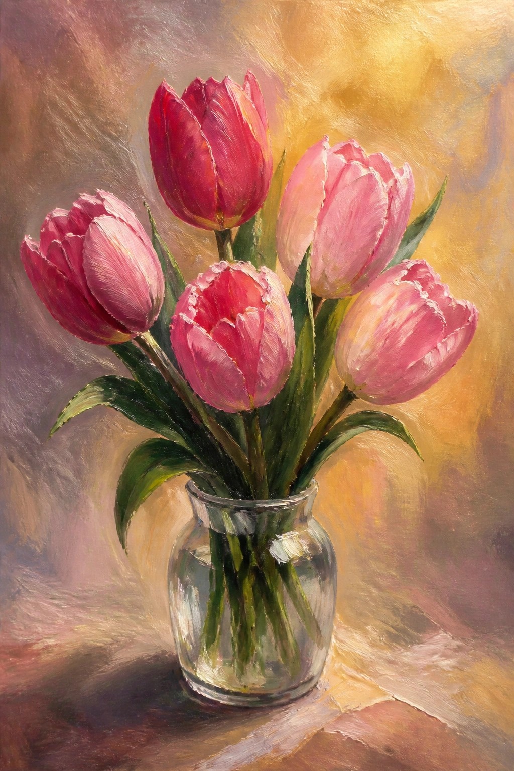 Pink tulips in a clear glass vase on a warm-toned background.