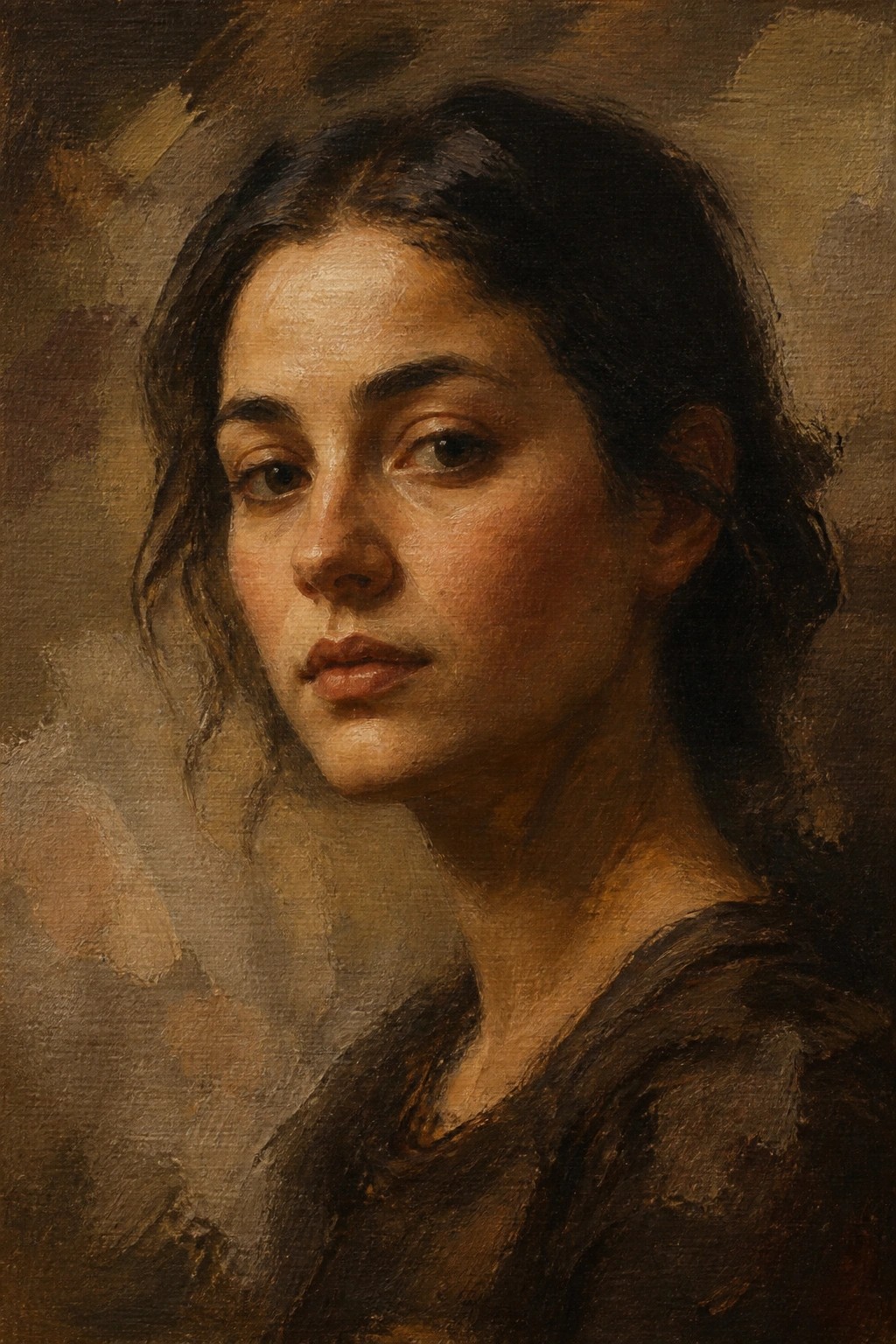 Realistic oil portrait of a young woman with dark wavy hair and neutral expression.