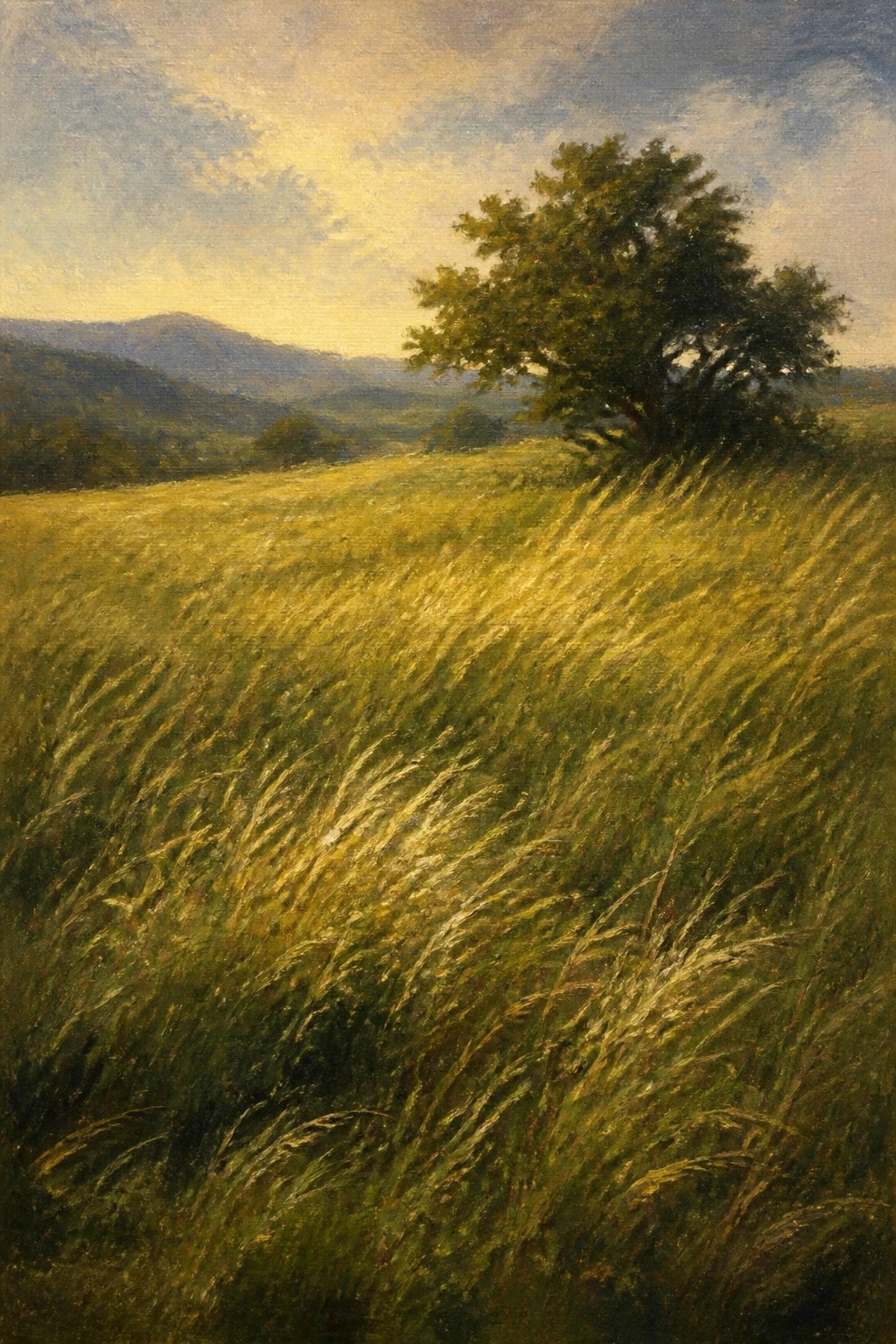 Windblown golden grass sways past a lone tree with misty hills beyond