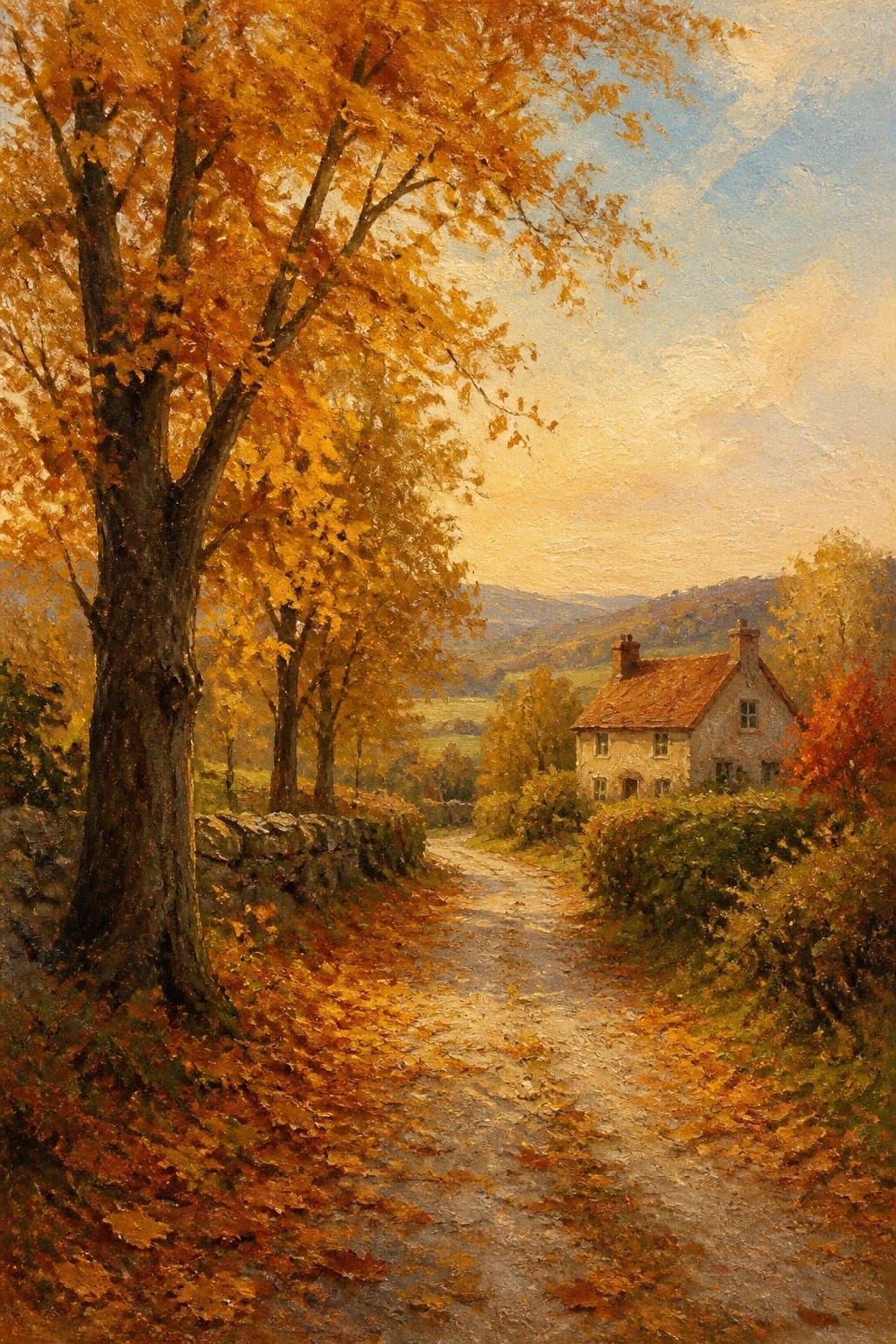 Autumn landscape with golden tree, leaf-strewn path, and stone cottage by hills