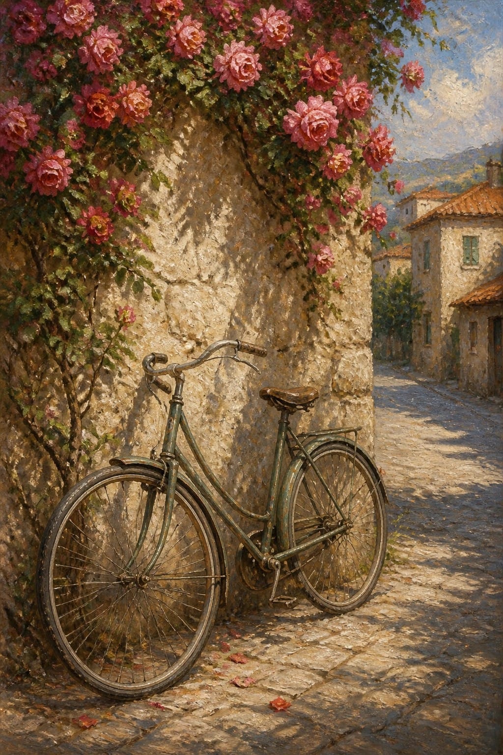 A green bicycle leans against a stone wall covered in pink roses on a cobblestone street with buildings in the background.