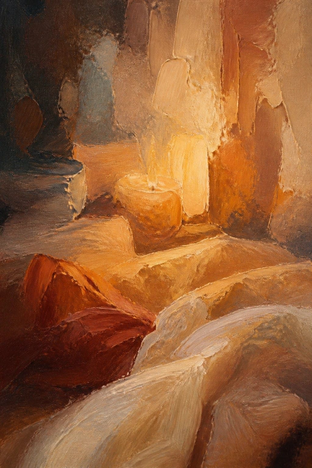 Lit candle glowing warmly amid textured rocky surfaces in earthy brown tones