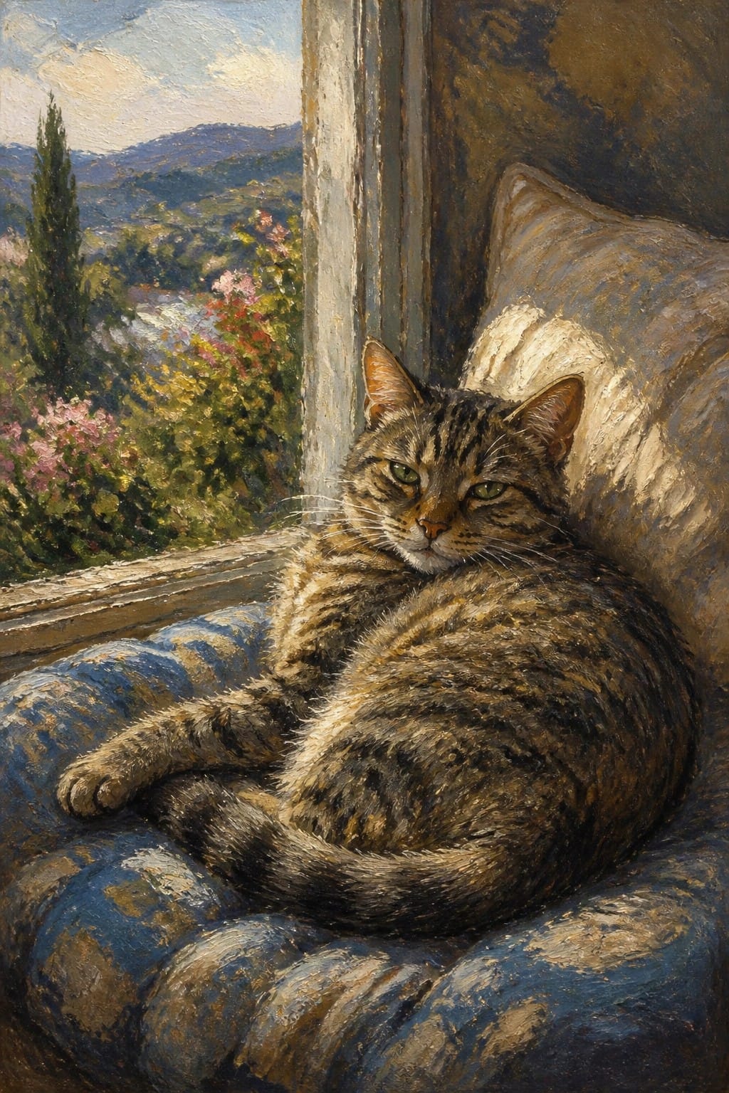 Tabby cat lounging on blue cushion by window overlooking hilly landscape