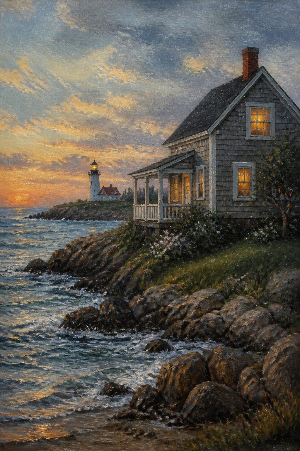 A realistic oil painting of a gray house with lit windows on a rocky coastline at sunset, with a lighthouse visible in the background over the ocean.