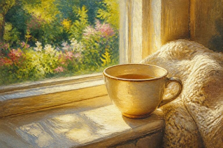 21 Relaxing Oil Painting Ideas Made for Cozy Weekend Painting Sessions A realistic oil painting of a beige ceramic mug of tea on a wooden windowsill with a knitted beige fabric on the left and a view of green trees and pink flowering bushes outside.