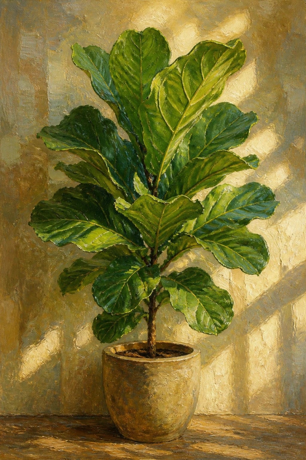 Lush green fiddle-leaf fig in a rustic pot on wooden surface
