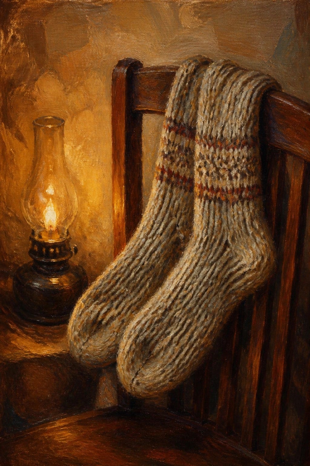 Knitted wool socks draped over wooden chair beside glowing oil lamp
