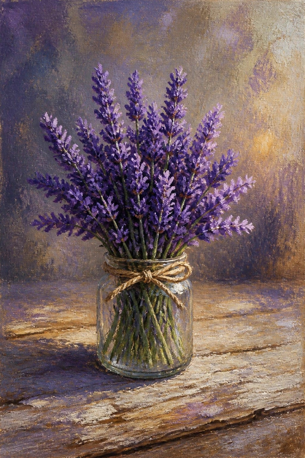 Purple lavender bouquet in twine-tied glass jar on rustic wooden table