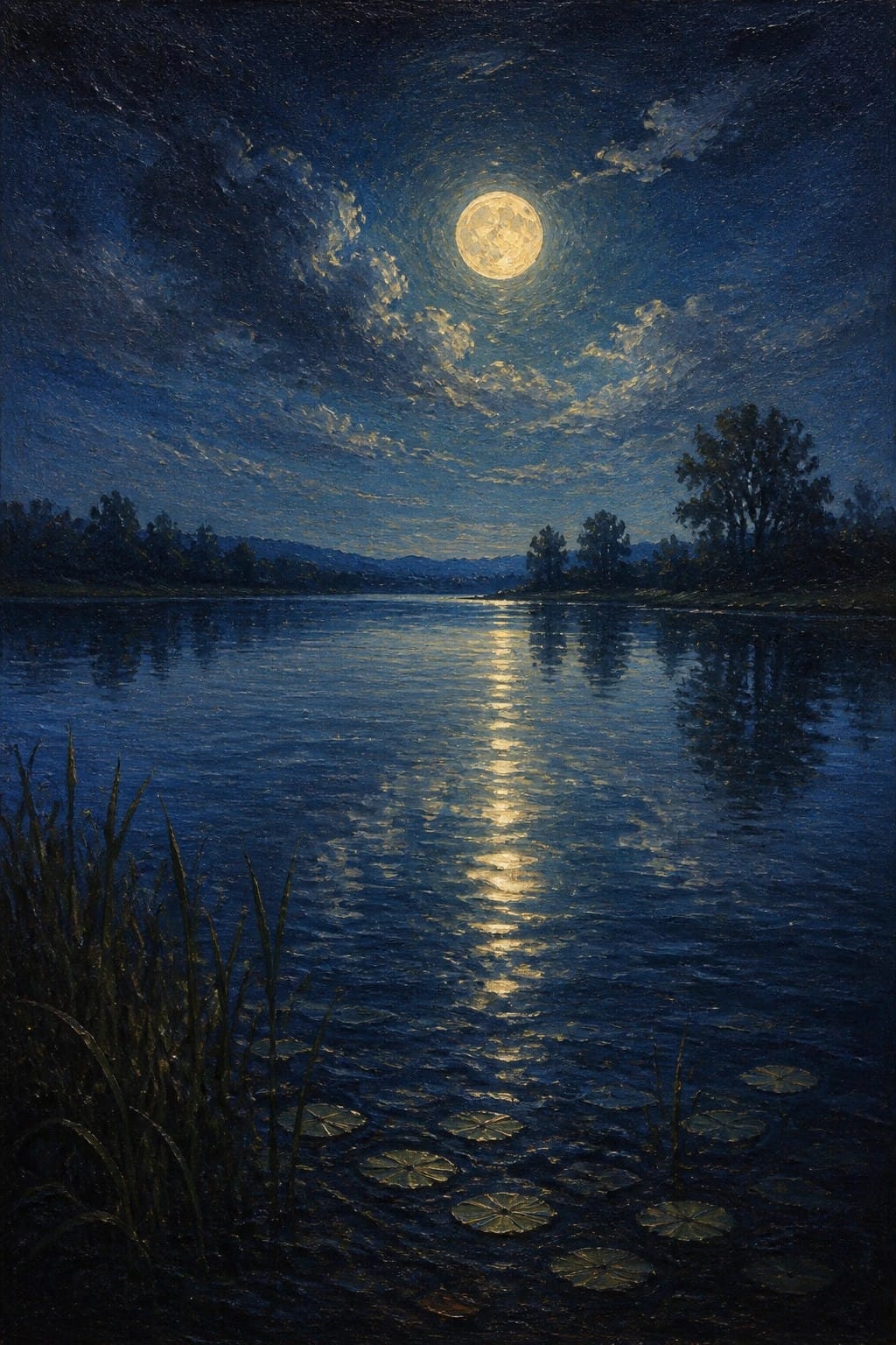 Full moon glowing over a calm lake with its golden reflection and lily pads.