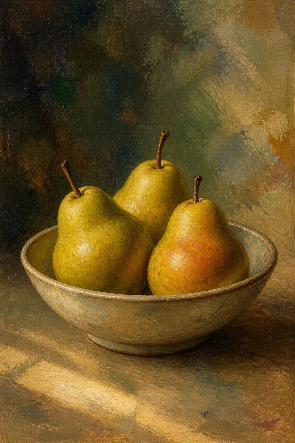 Three pears in a rustic bowl on a wooden surface, painted still life