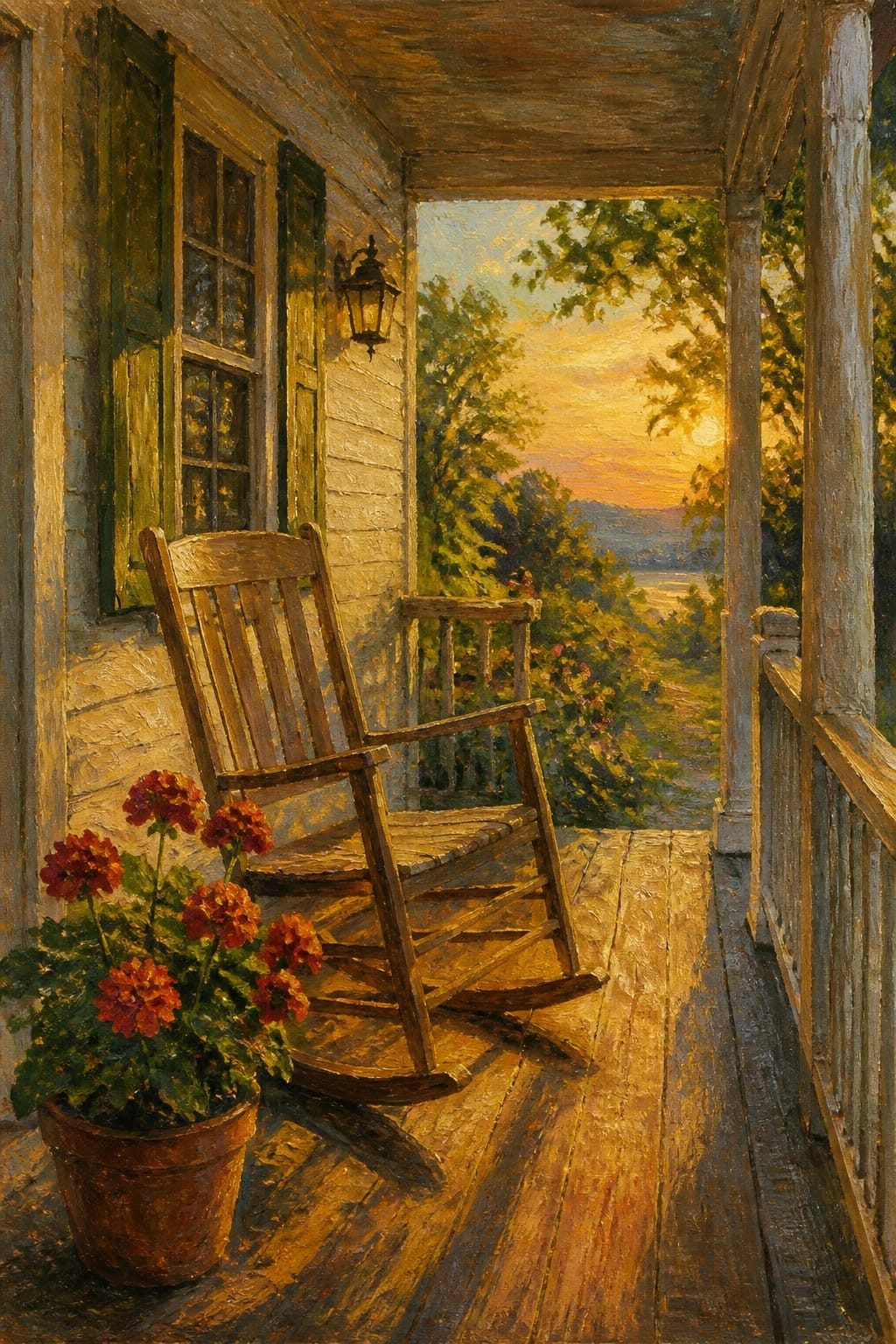 Wooden rocking chair and potted red flowers on porch at golden sunset.