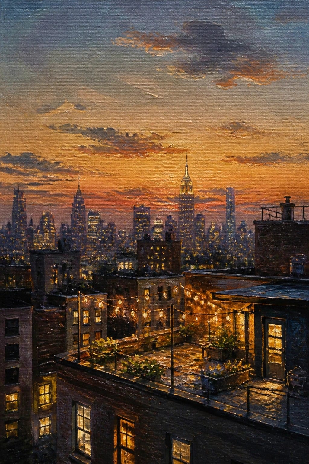 Painting of NYC skyline at sunset with glowing Empire State Building and string-lit rooftops