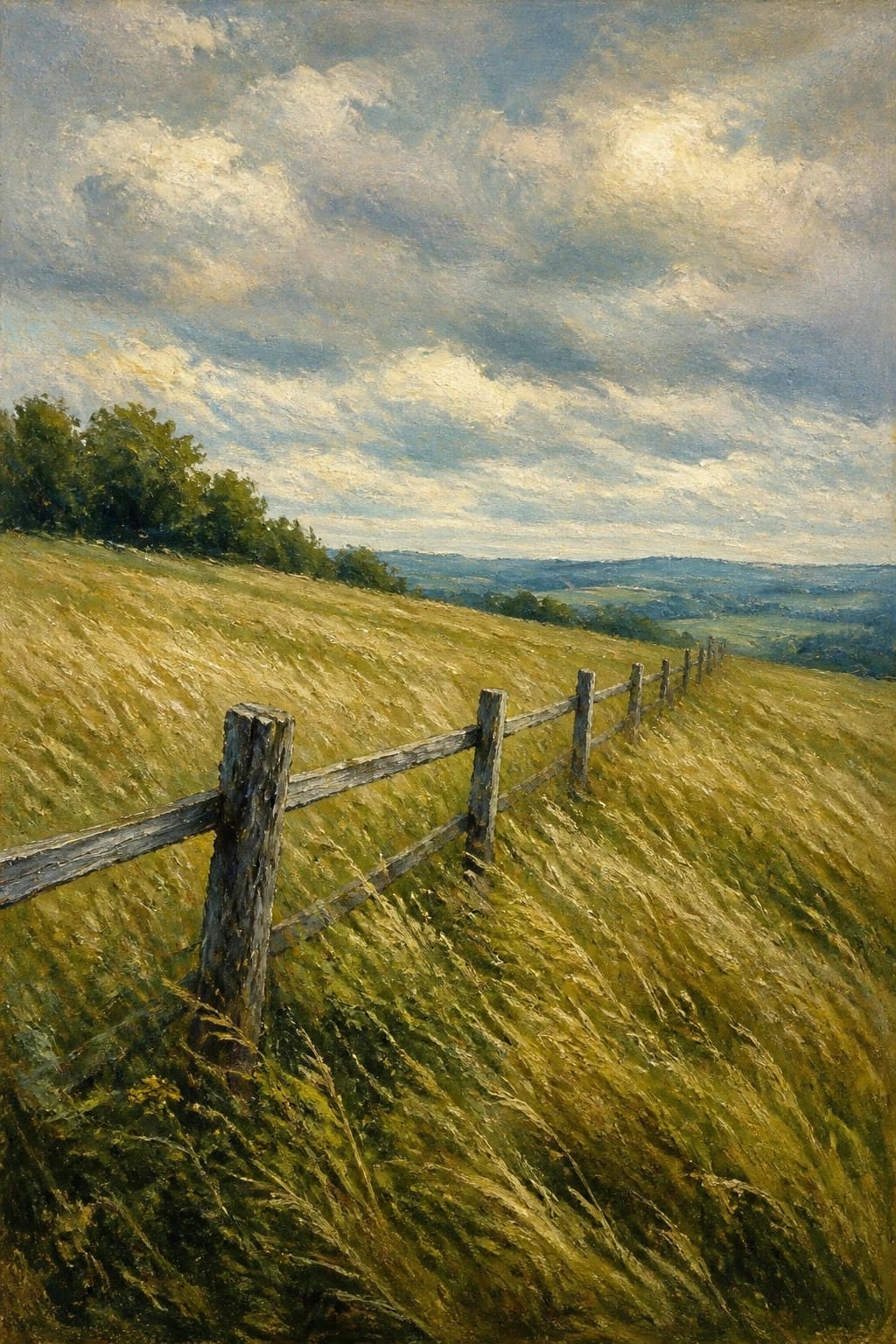 Weathered wooden fence along a windswept grassy hillside under cloudy skies.