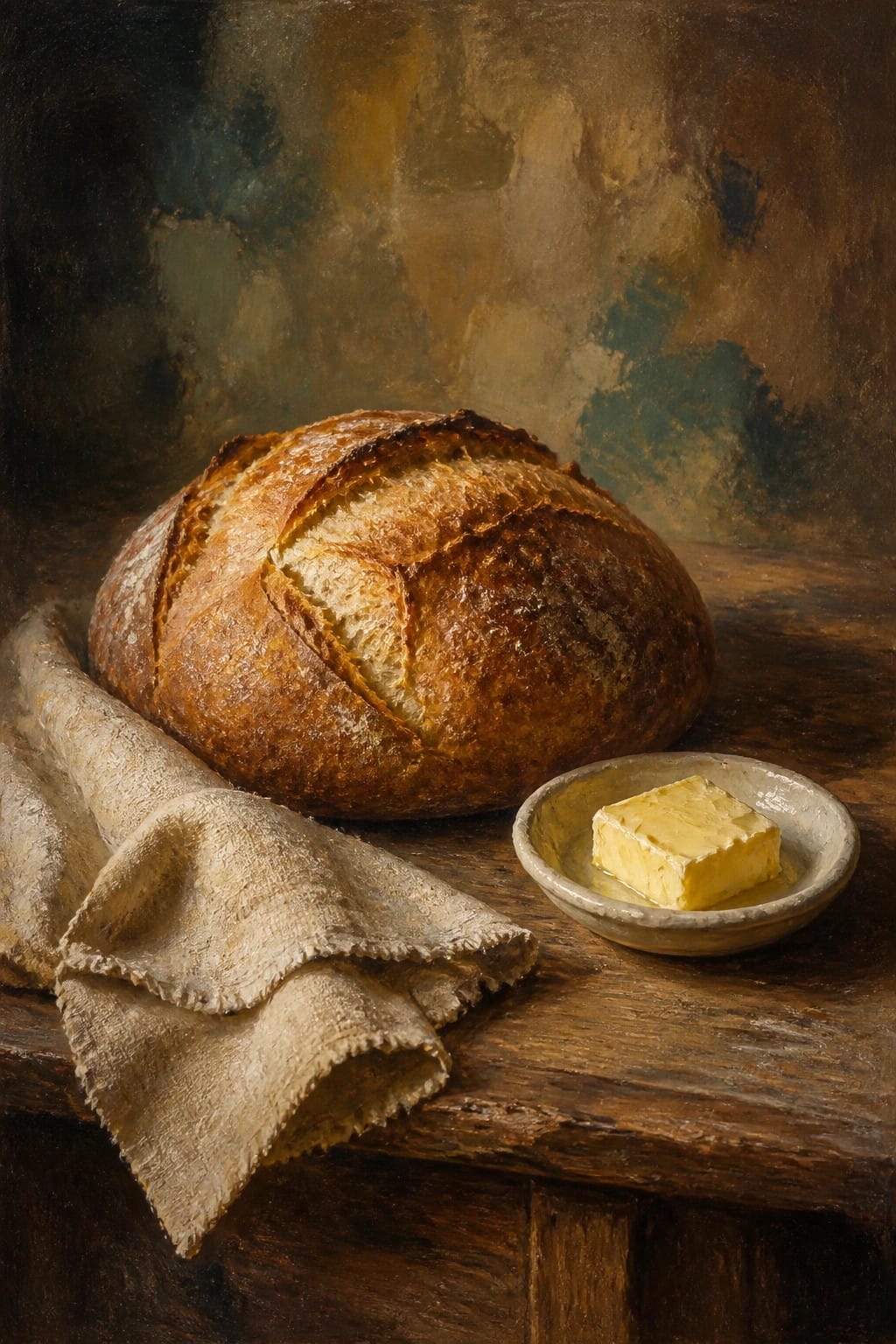 Crusty bread loaf, butter in bowl, and linen cloth on wooden table