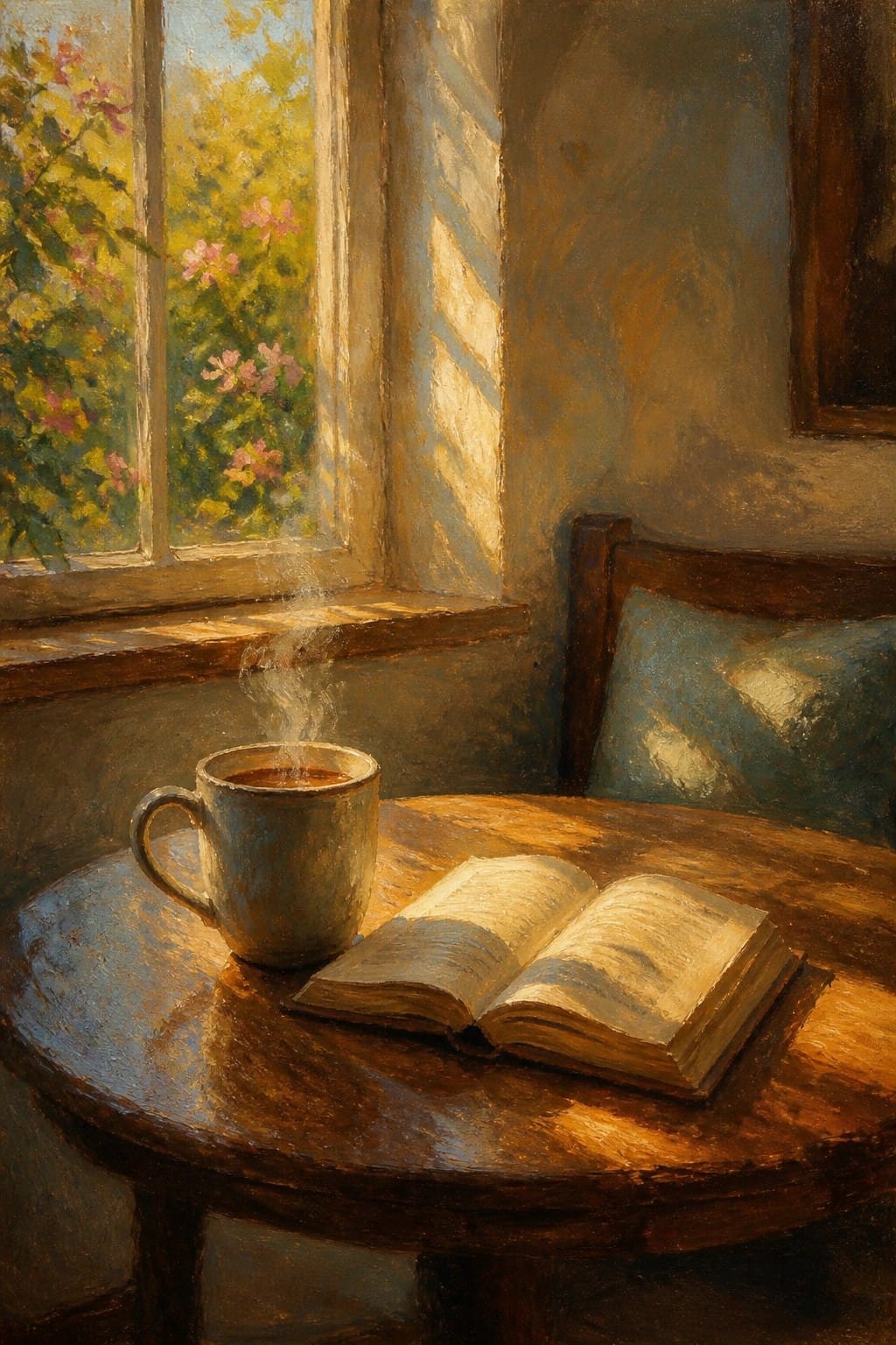 Steaming mug and open book on wooden table by sunlit window with flowers