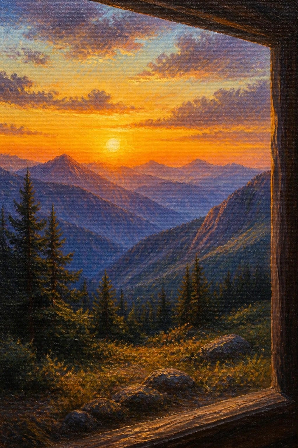 Sunset over misty mountains and pines viewed through wooden window frame