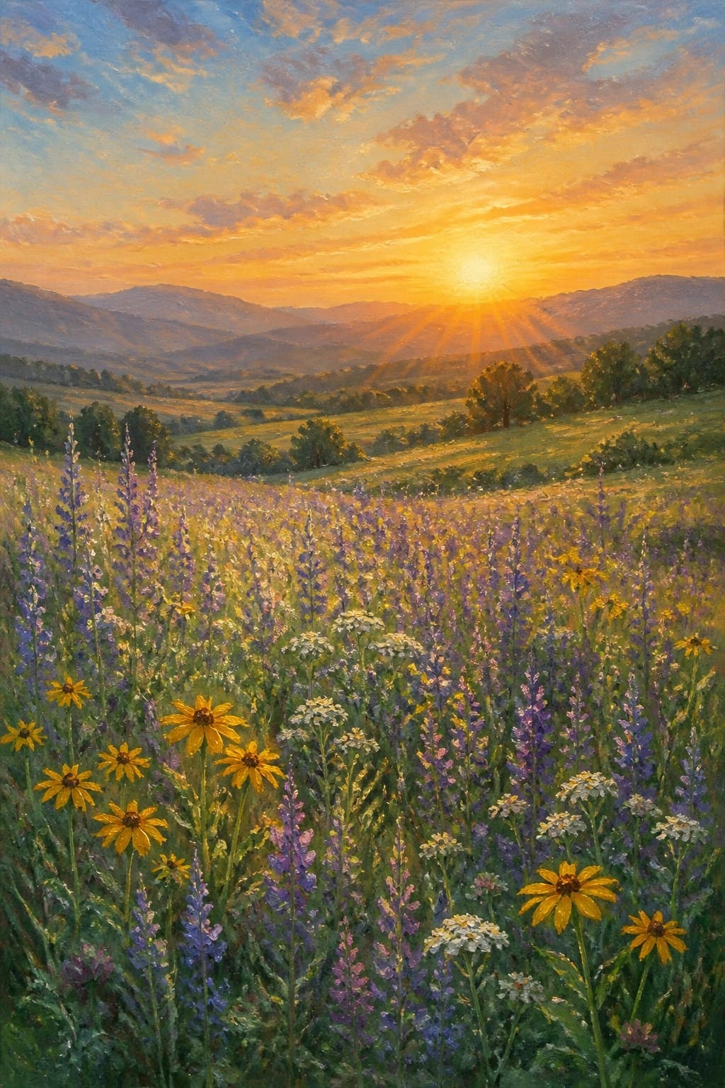 A realistic oil painting of a wildflower meadow at sunset with purple, yellow, and white blooms, rolling hills, and sun rays over distant mountains.