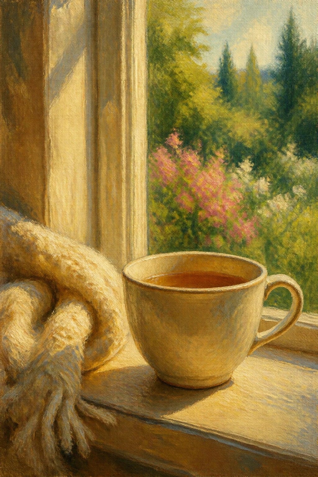 A realistic oil painting of a beige ceramic mug of tea on a wooden windowsill with a knitted beige fabric on the left and a view of green trees and pink flowering bushes outside.