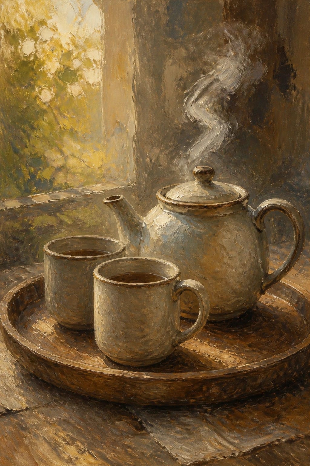 Steaming teapot and two cups on wooden tray by sunlit window