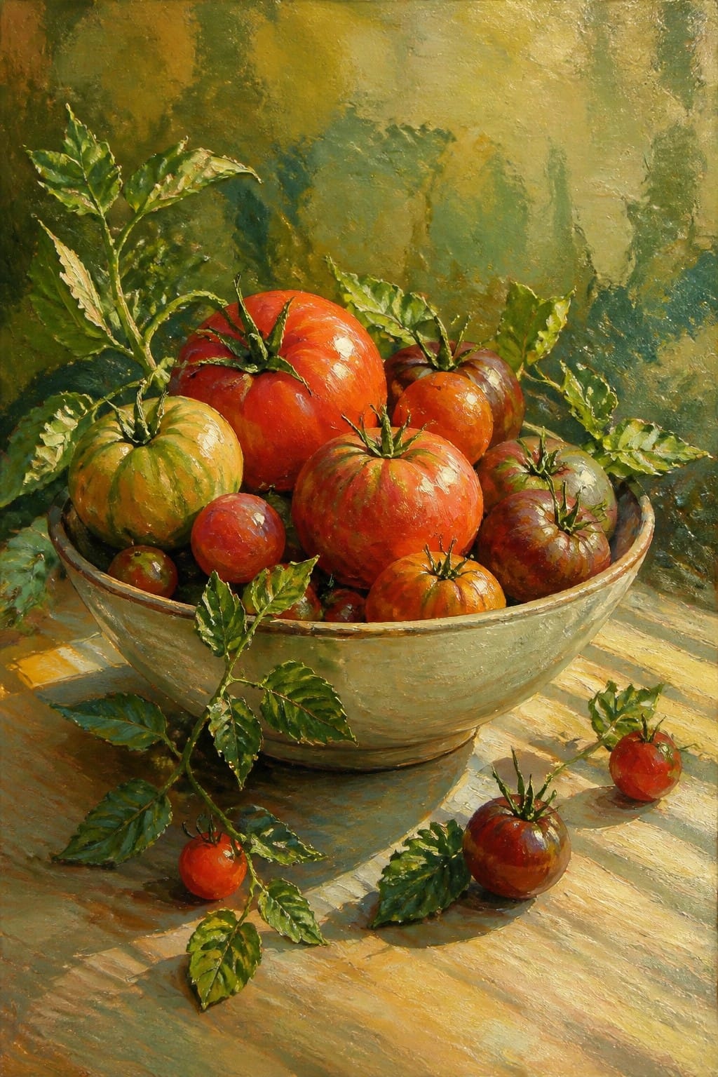 Bowl of ripe red tomatoes with green leaves on wooden table in sunlight