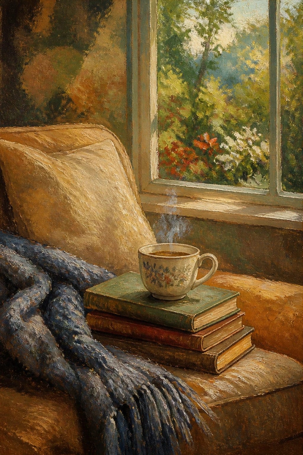Steaming teacup on old books by window with blue blanket and pillow