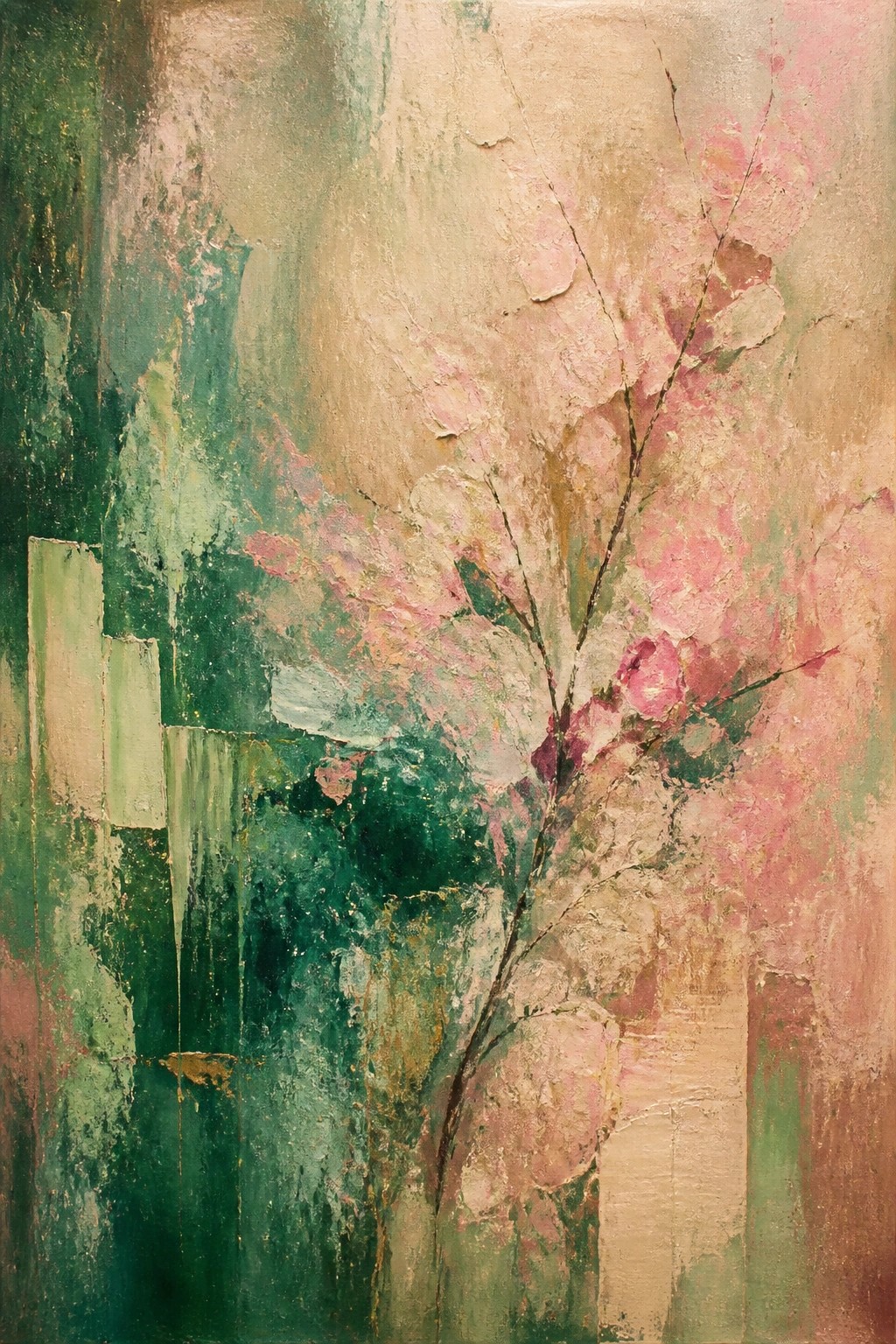 Abstract textured painting of pink blossoms on branches with green and beige tones