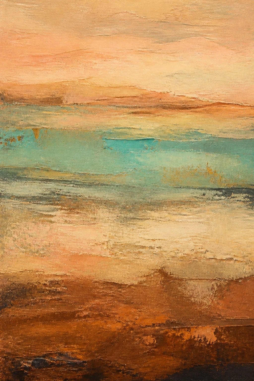 Abstract painting with layered orange, teal, and brown brushstrokes suggesting a sunset horizon.