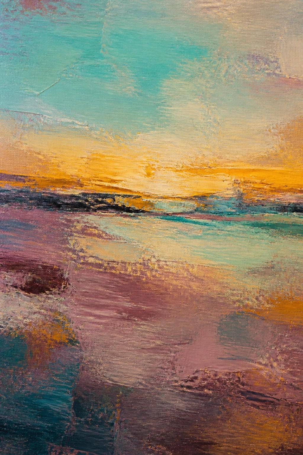 Abstract painting of vibrant sunset with orange sun, teal sky, purple foreground.