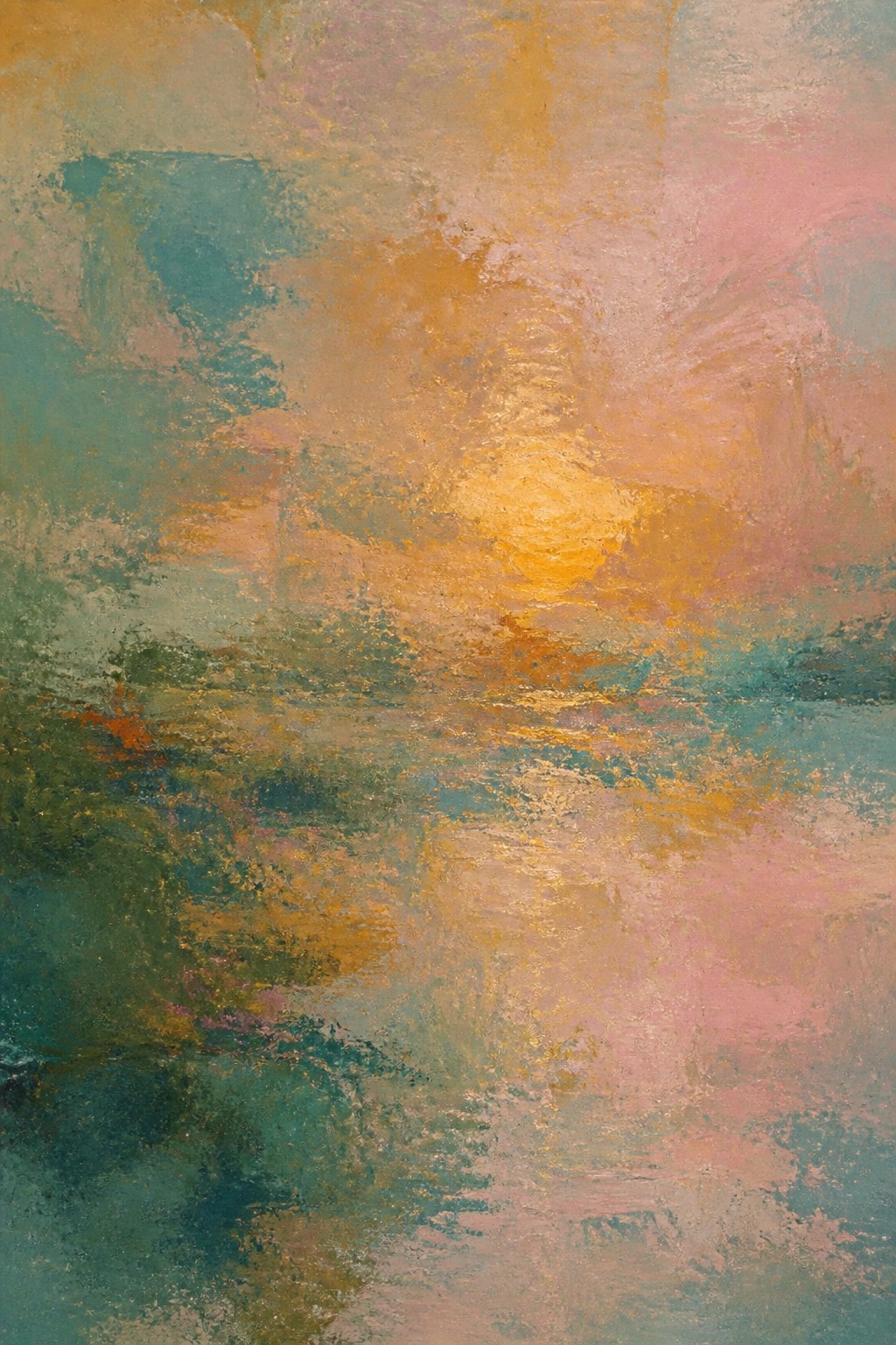An abstract oil painting showing a bright yellow sun over water with blended teal, pink, orange, and green colors across the canvas.