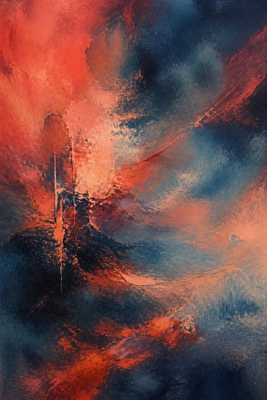 Abstract painting of swirling red-orange flames against deep blue textures
