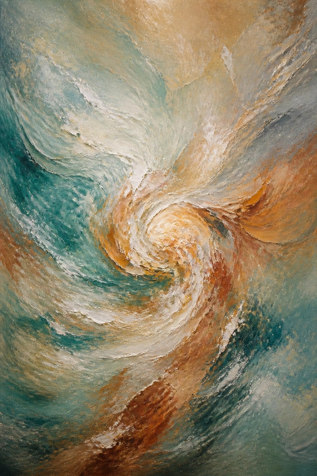 Abstract painting of swirling teal, orange, and brown vortex with thick brushstrokes