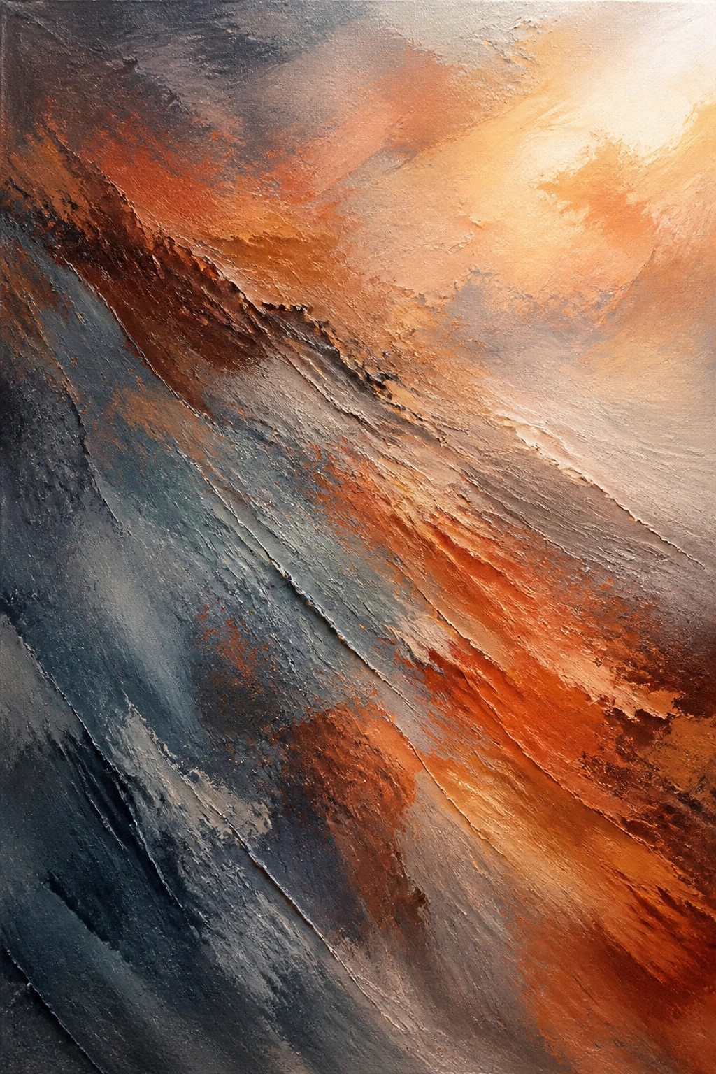 Abstract painting with thick, swirling strokes of orange, brown, and blue.