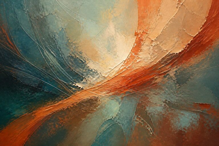 21 Striking Abstract Oil Painting Ideas in Contemporary Color Palettes Abstract painting with swirling orange curves amid textured teal and beige tones