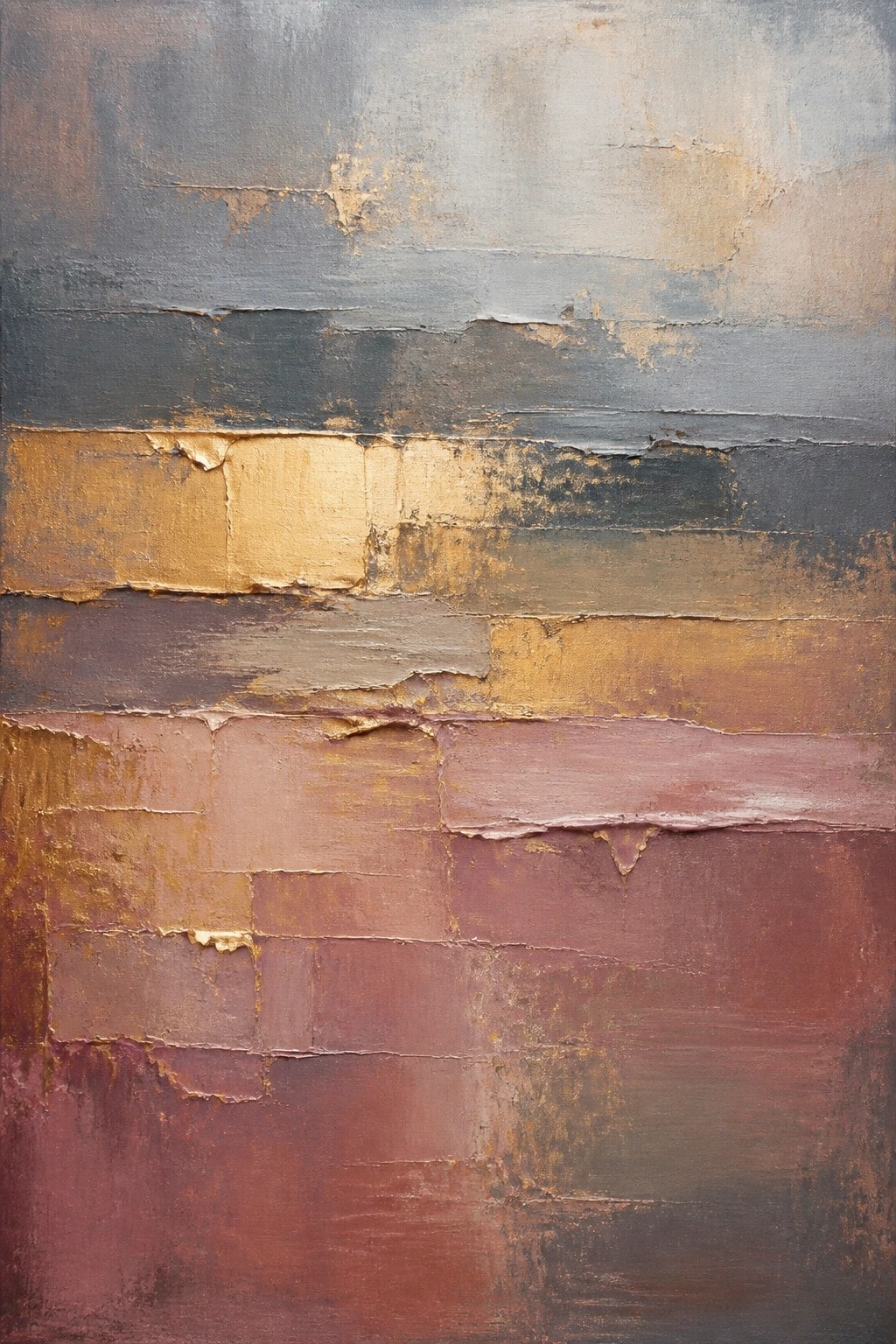 Abstract painting with textured horizontal layers of blue, gold, brown, and red.