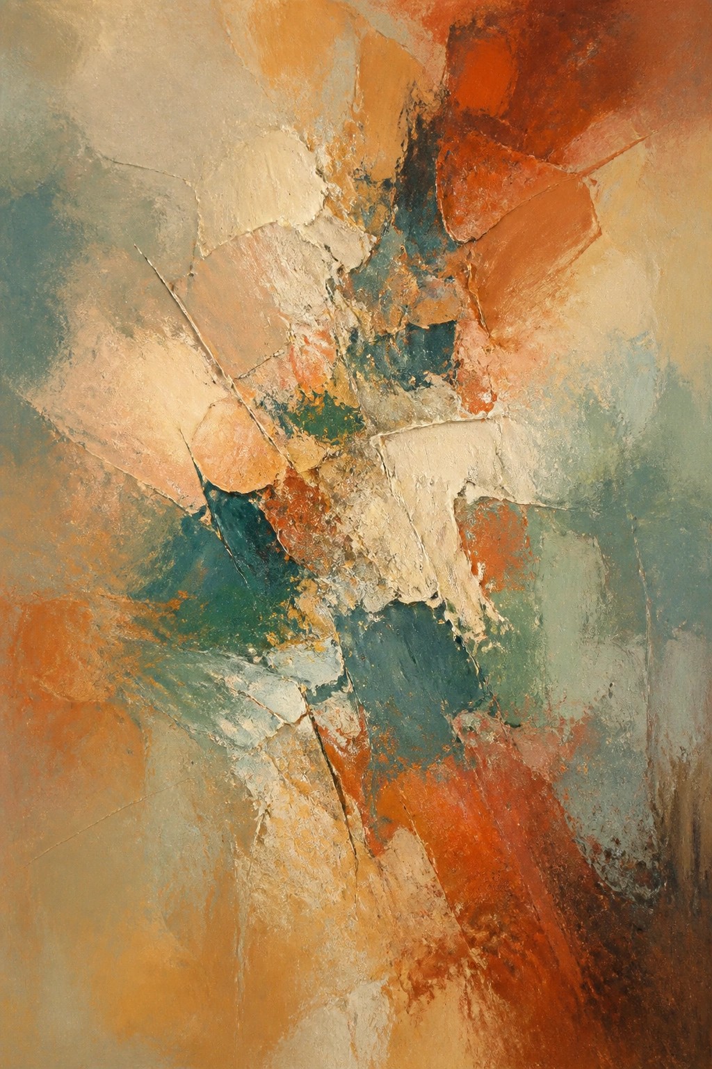 Abstract impasto painting with textured layers of orange, red, teal, and beige.