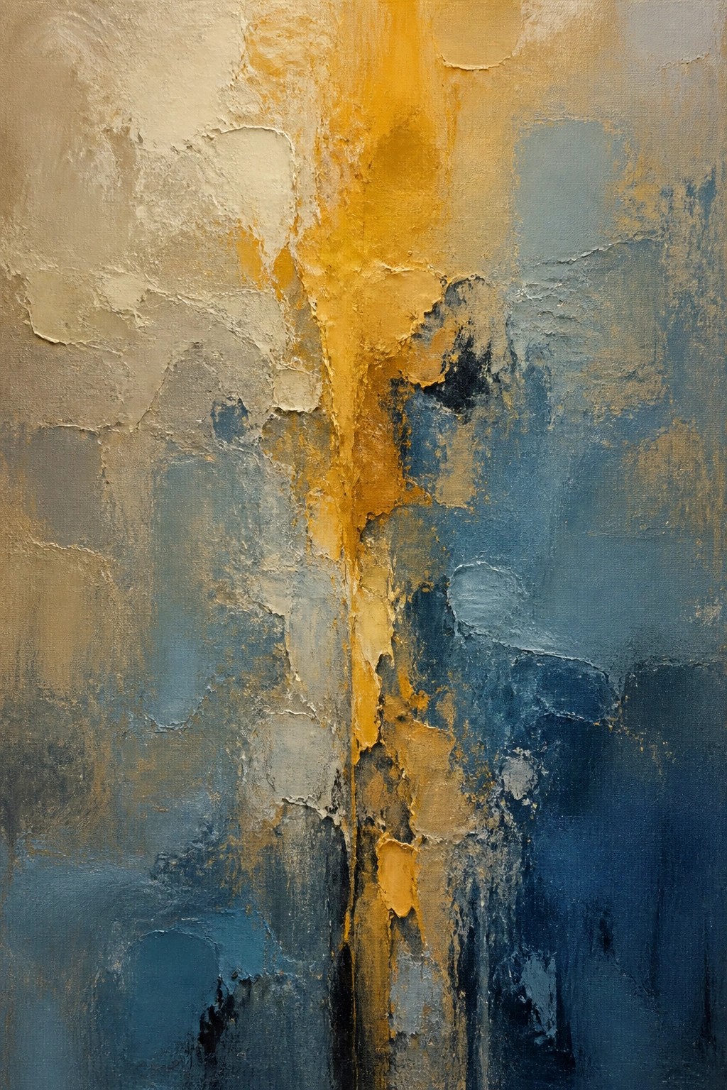 Abstract painting with thick textured layers of blue, yellow, and beige.