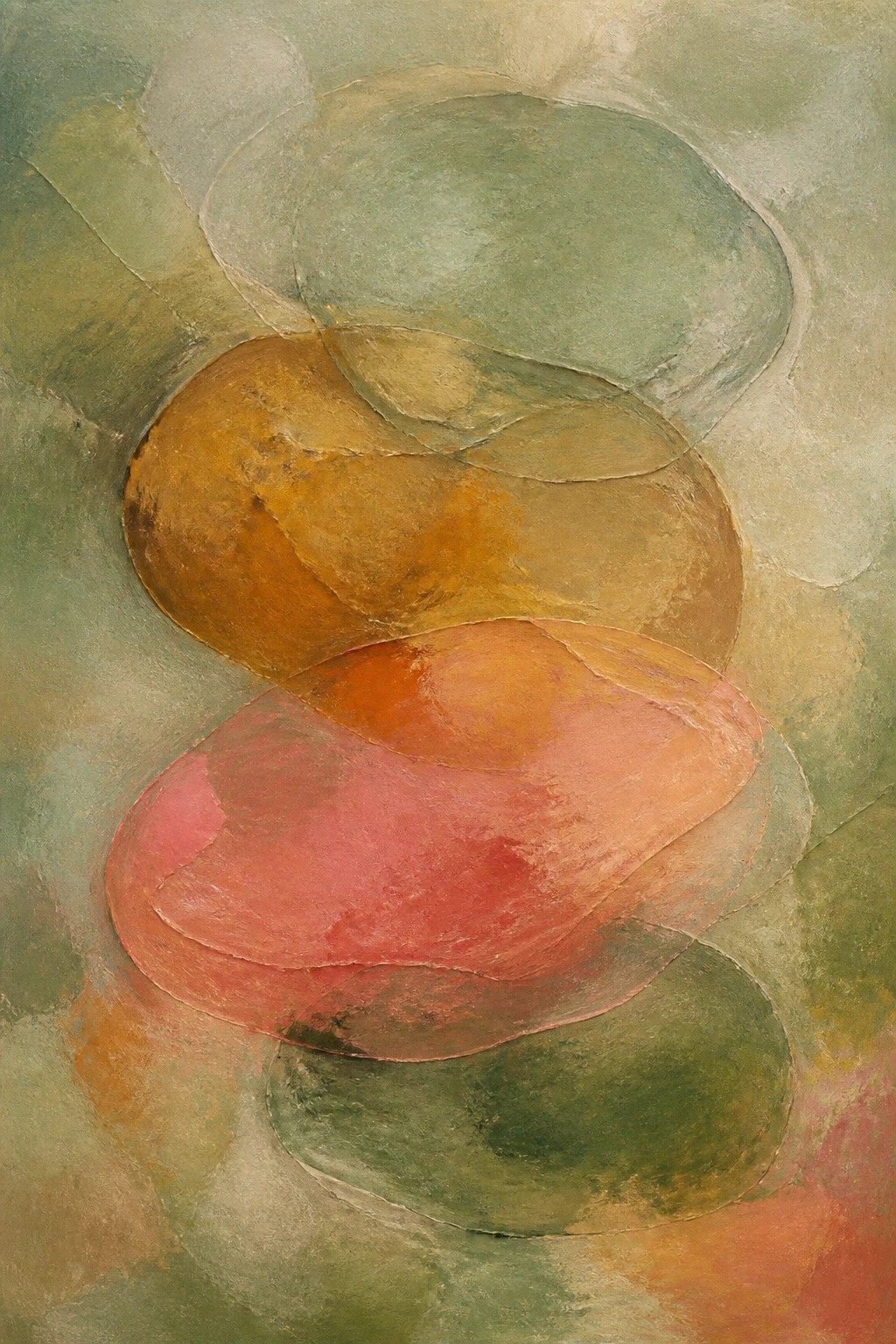 Abstract painting of overlapping rounded forms in earthy green, orange, and pink tones.